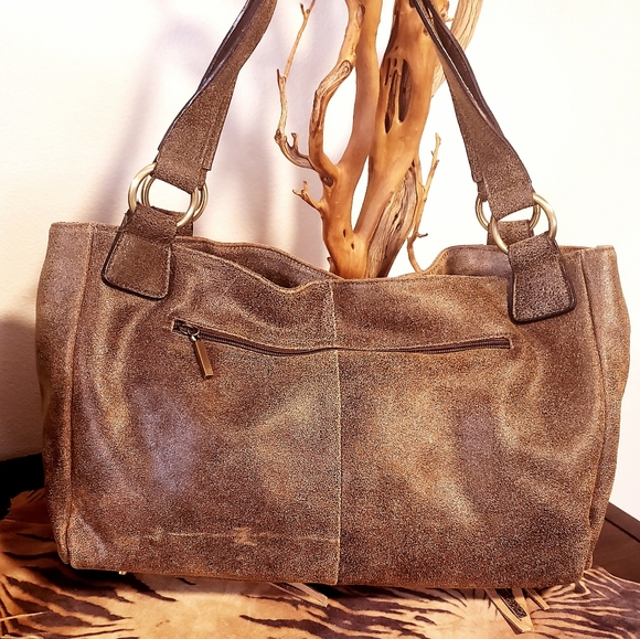 THE FIND- Distressed Tan/Brn Fringe Grommet Handbag - Picture 2 of 11